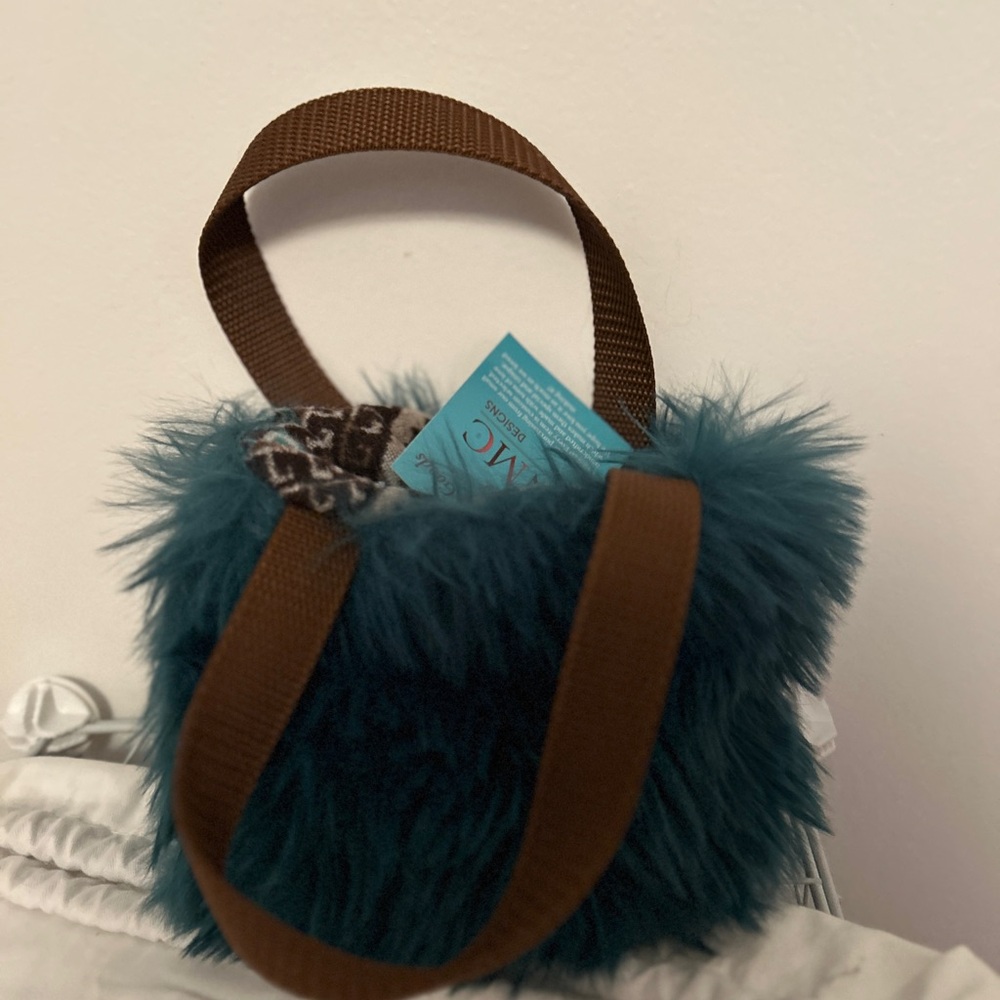 Minky Furry Teal mini Handbag with Brown Straps and Pendleton interior